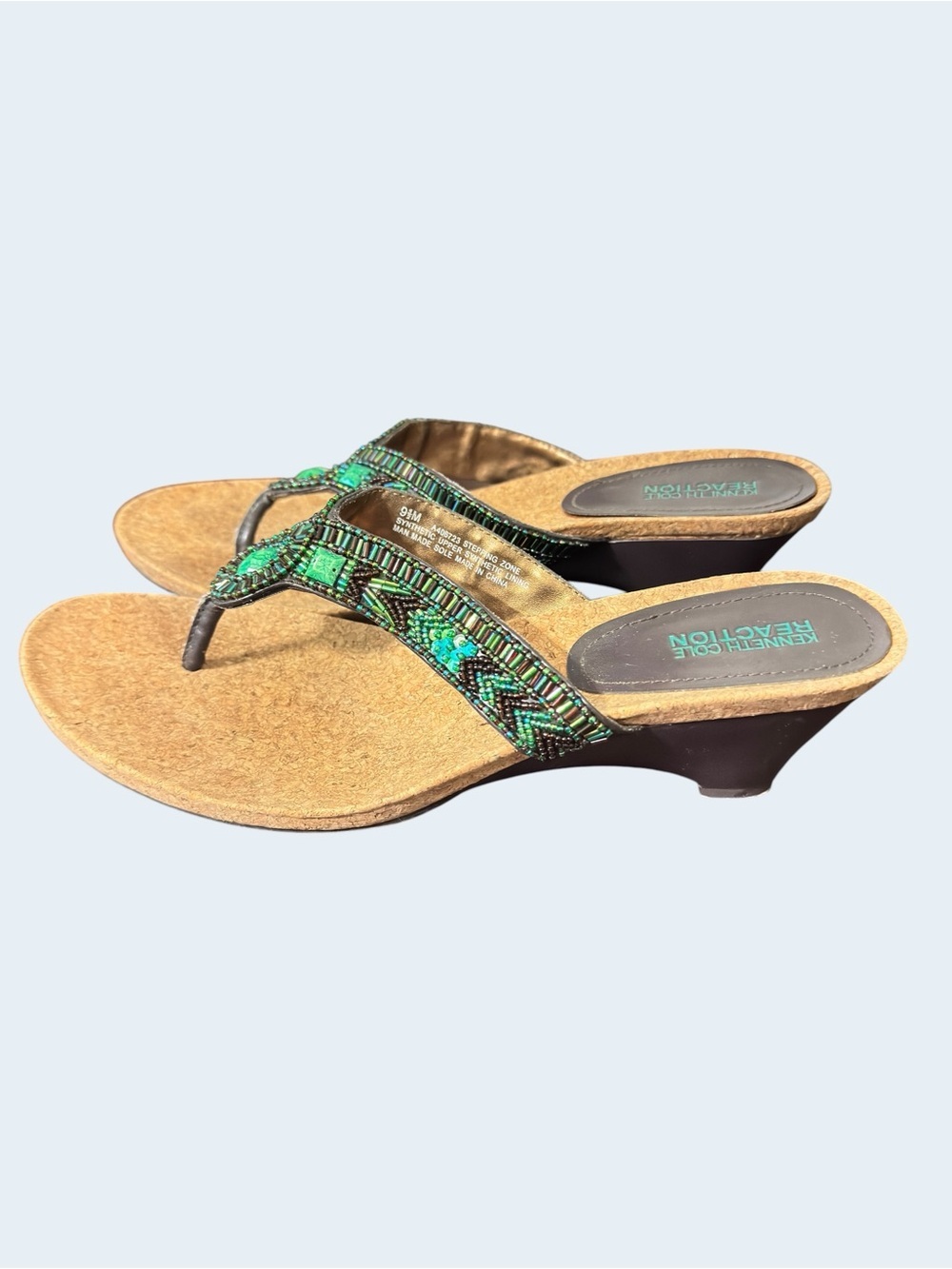 Kenneth Cole Reaction Women's Faux Turquoise & Beaded Thong Sandal Sz 9.5M - Picture 5 of 11